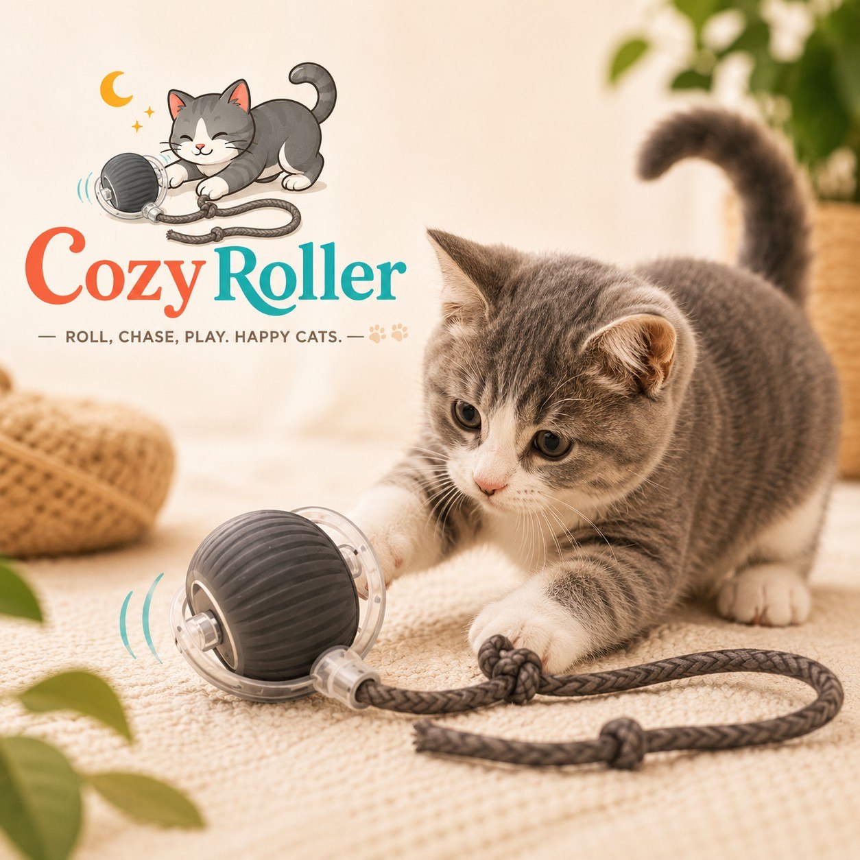 A gray tabby kitten plays with a Cozy Roller toy, which features a dark gray ribbed ball in a clear plastic housing attached to a dark brown braided rope. The scene is set on a beige textured rug with soft-focus background elements including a plant and a woven basket.
