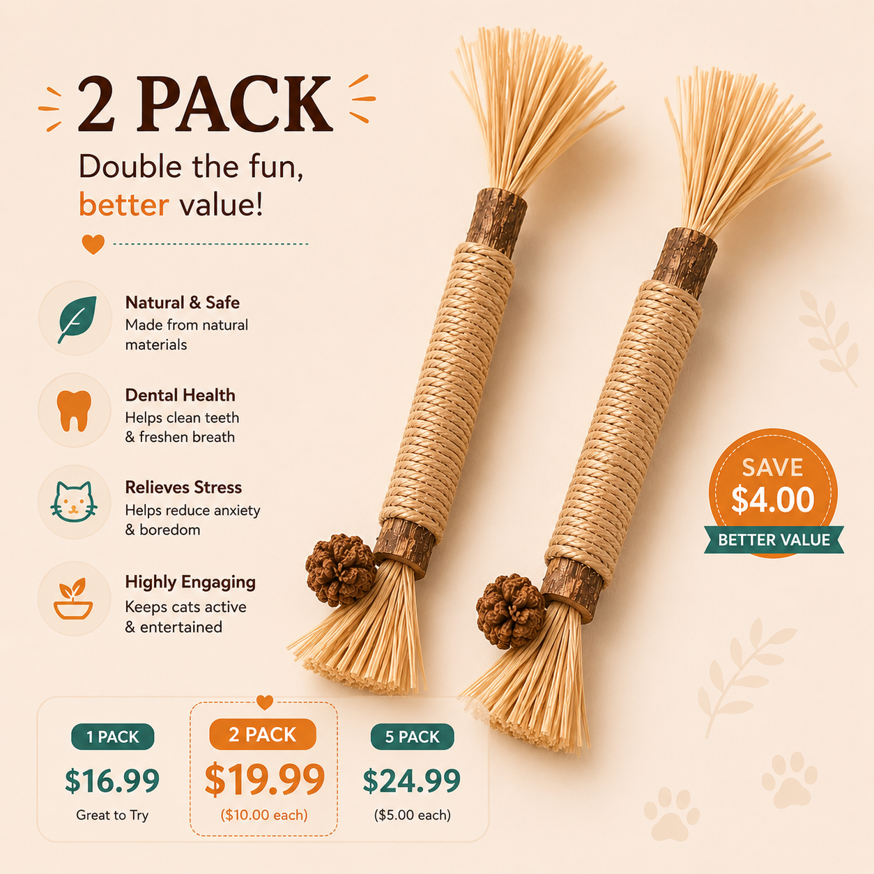 Two natural cat toys shown on a warm beige background with marketing text, pack size pricing, and feature callouts. The toys are made from natural materials with frayed straw-like ends, wrapped rope, and small pinecone accents.