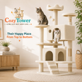 A tall cream-colored cat tree with multiple platforms, a scratching post, a small enclosed cat bed, and a staircase, shown in a bright room with two cats. The image includes the text 'Cozy Tower' and 'Their Happy Place From Top to Bottom'.