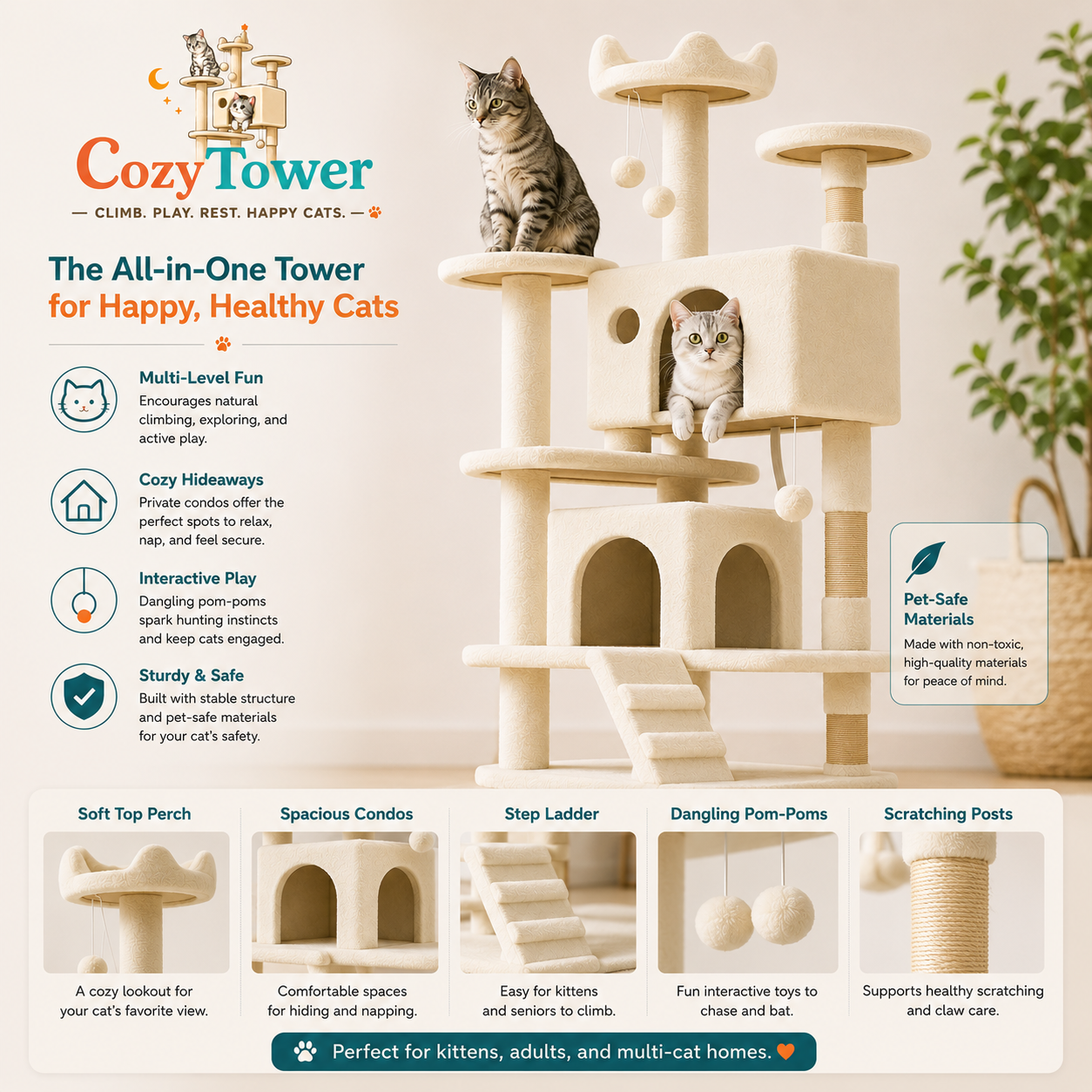 Cozy Tower multi-level cat tree in a warm beige wood tone, shown with two cats sitting on different levels. The image includes marketing text, feature icons, and a bottom strip showing close-up feature highlights like soft perch, spacious condos, step ladder, dangling pom-poms, and scratching posts.