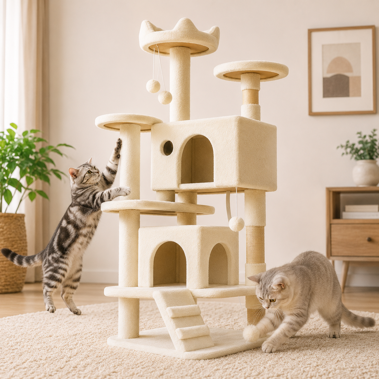 A large cream-colored cat tree with multiple platforms, climbing posts, and a small staircase is shown in a bright living room with two cats interacting with it.