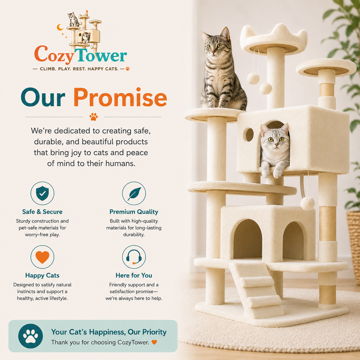Cozy Tower cat tree in a warm cream/beige color, featuring multiple levels, perches, a scratching post, and two cat openings, shown with two cats on and inside the structure. The left side includes marketing text, icons, and the Cozy Tower brand logo.