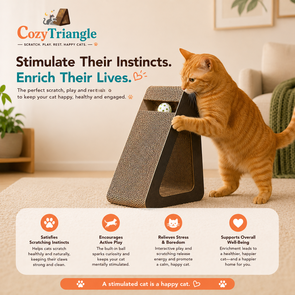 An orange tabby cat is shown using a CozyTriangle cat tower in a living room setting. The image includes marketing text at the top and a feature list at the bottom, making it a lifestyle and informational composite.