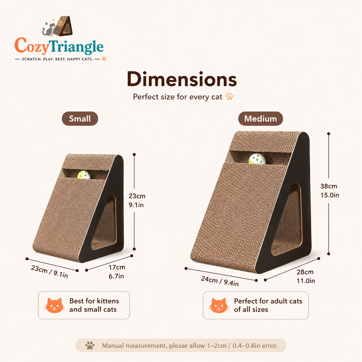 A dimension diagram for a triangular cat scratching tower by CozyTriangle, showing two sizes labeled Small and Medium with measurements in centimeters and inches on a light beige background.
