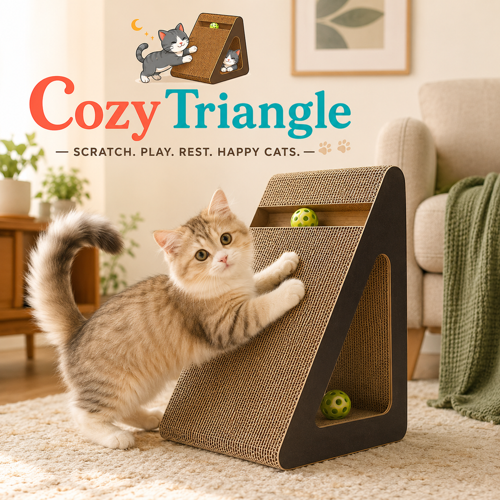 A tabby kitten plays with a triangular cat scratching tower in a cozy living room. The tower has a brown textured scratching surface and dark brown sides, with two green balls inside.