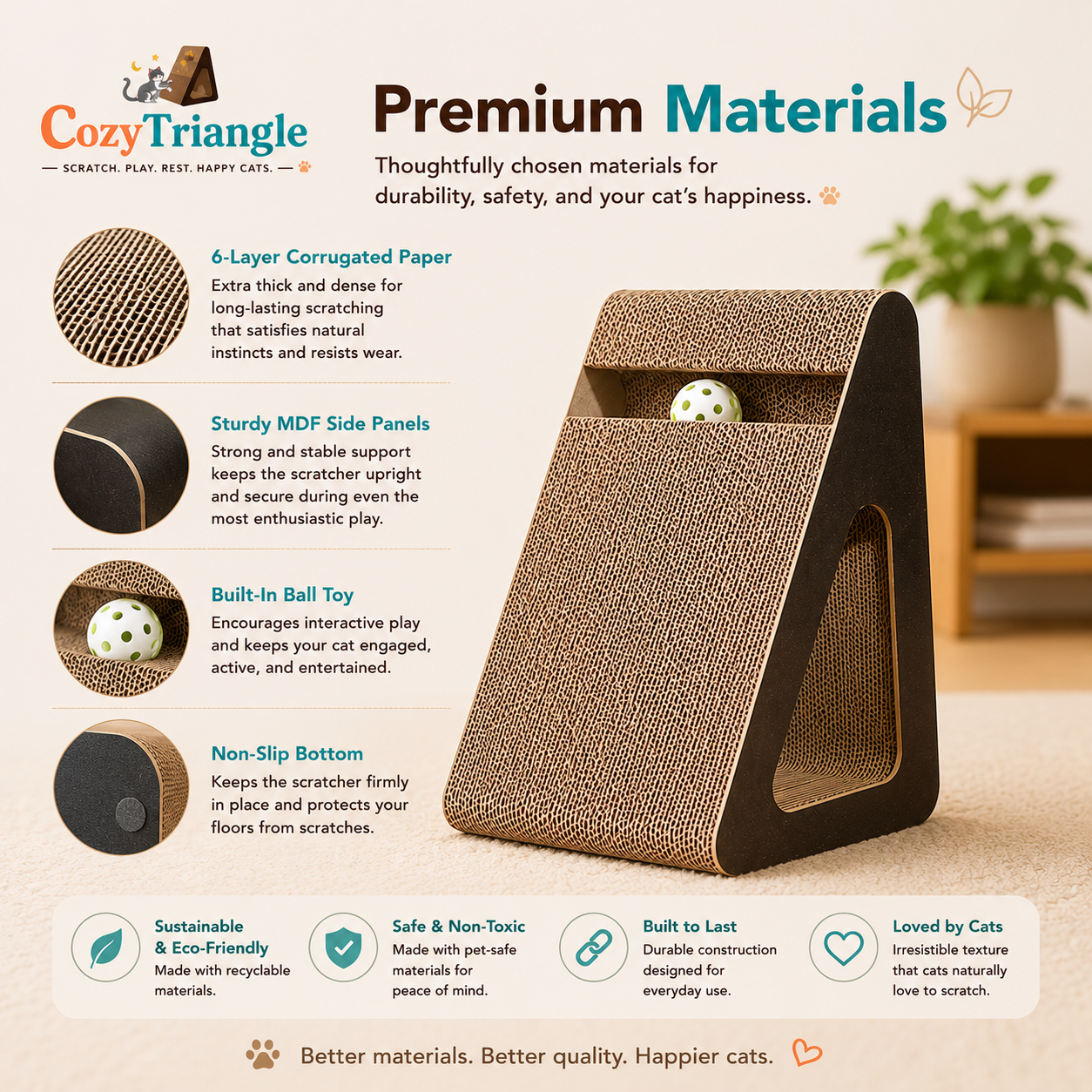 An infographic-style product image for a Cozy Triangle cat scratcher made from premium materials. The main photo shows the brown cardboard scratching panels and black base on a wooden surface, with text callouts describing features like 6-layer corrugated paper, sturdy MDF side panels, built-in ball toy, and non-slip bottom.