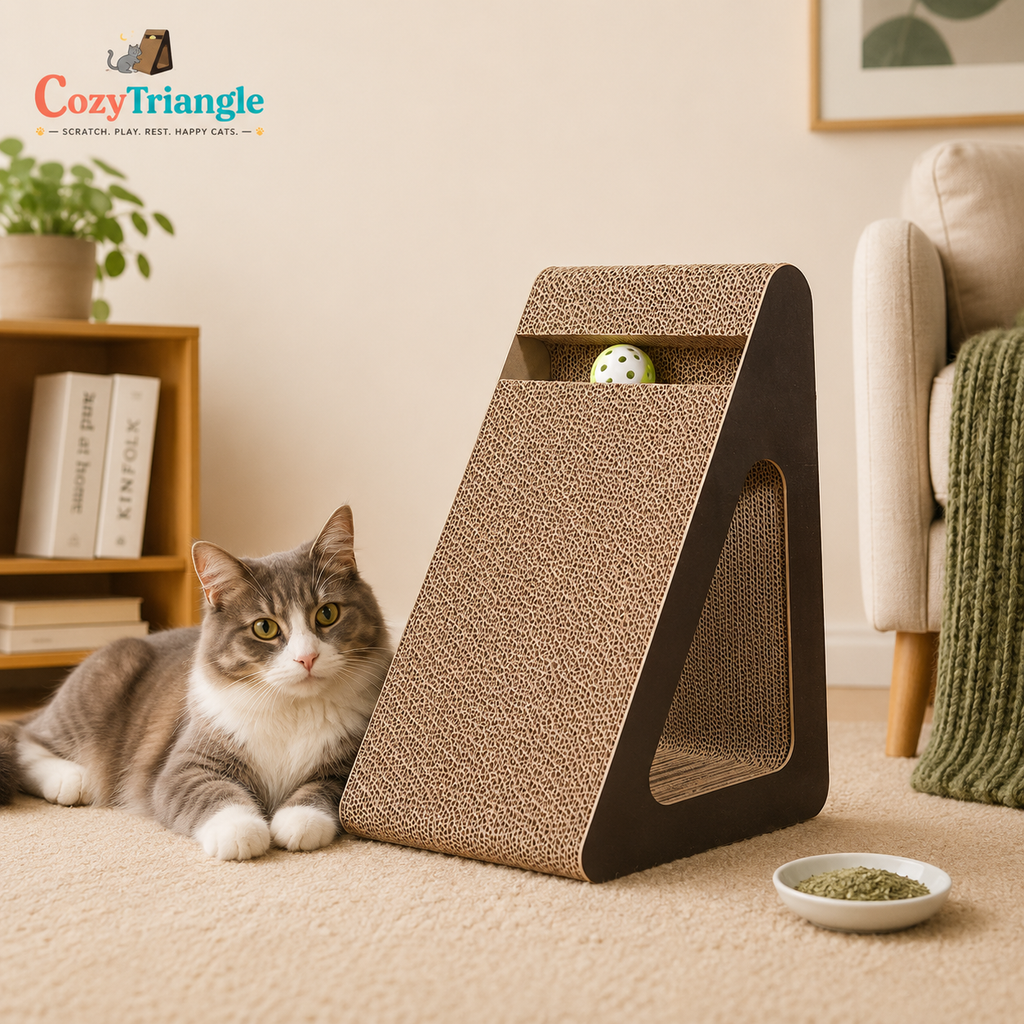 A gray and white cat sits beside a triangular CozyTriangle cat scratcher in a cozy living room setting with a bowl of food on the floor.