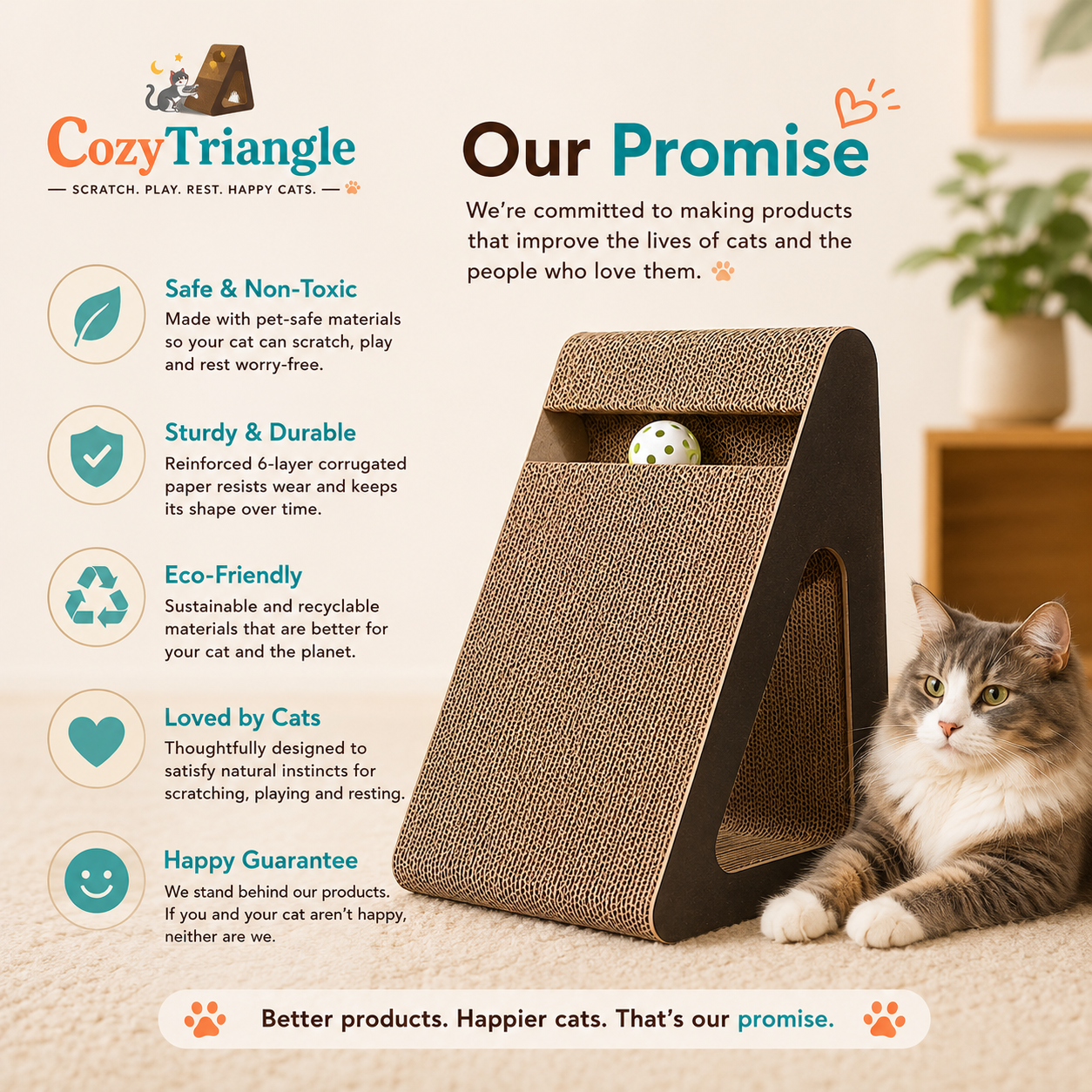 CozyTriangle cat scratcher with a white cat lying beside it on a beige floor, set against a warm indoor background with promotional text and icons on the left.