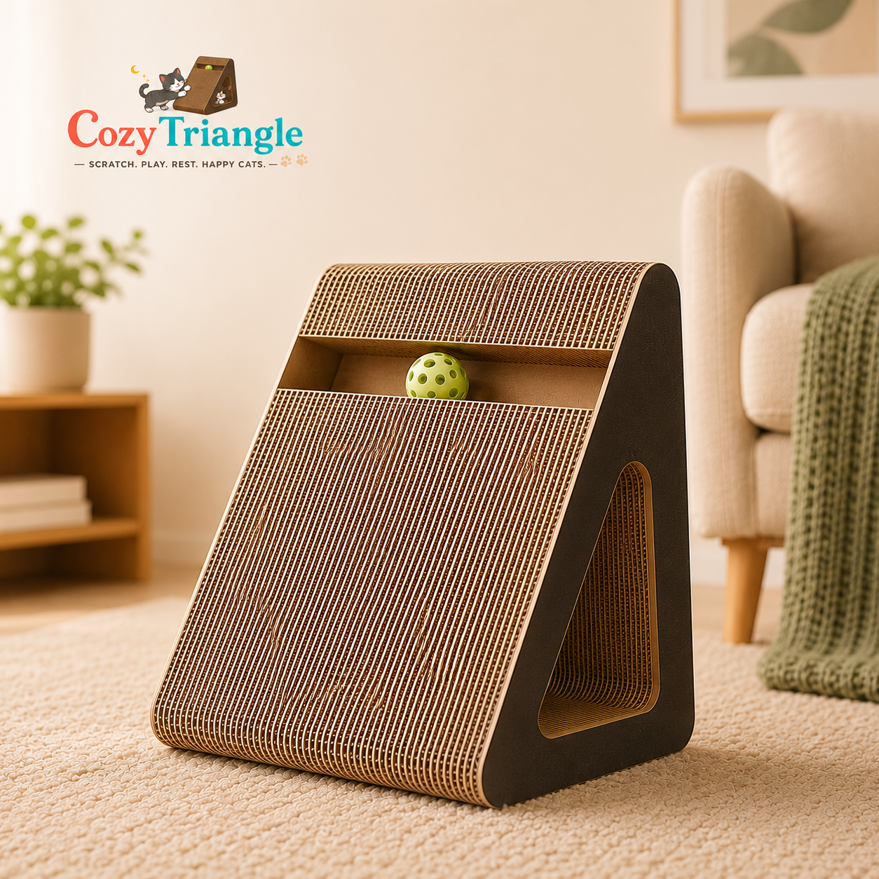 A triangular cat scratcher with a brown sisal-wrapped surface and dark brown base, shown on a carpeted floor in a softly styled living room. A small green ball sits inside the top opening.