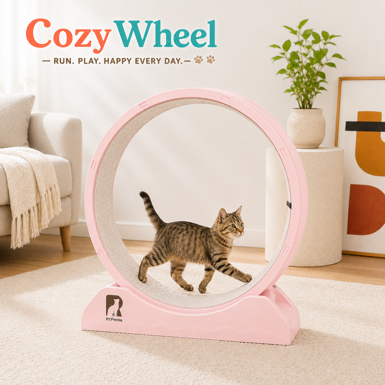 A pink cat exercise wheel with a tabby cat walking inside, set in a bright, modern living room. The brand name 'Cozy Wheel' is displayed at the top left.