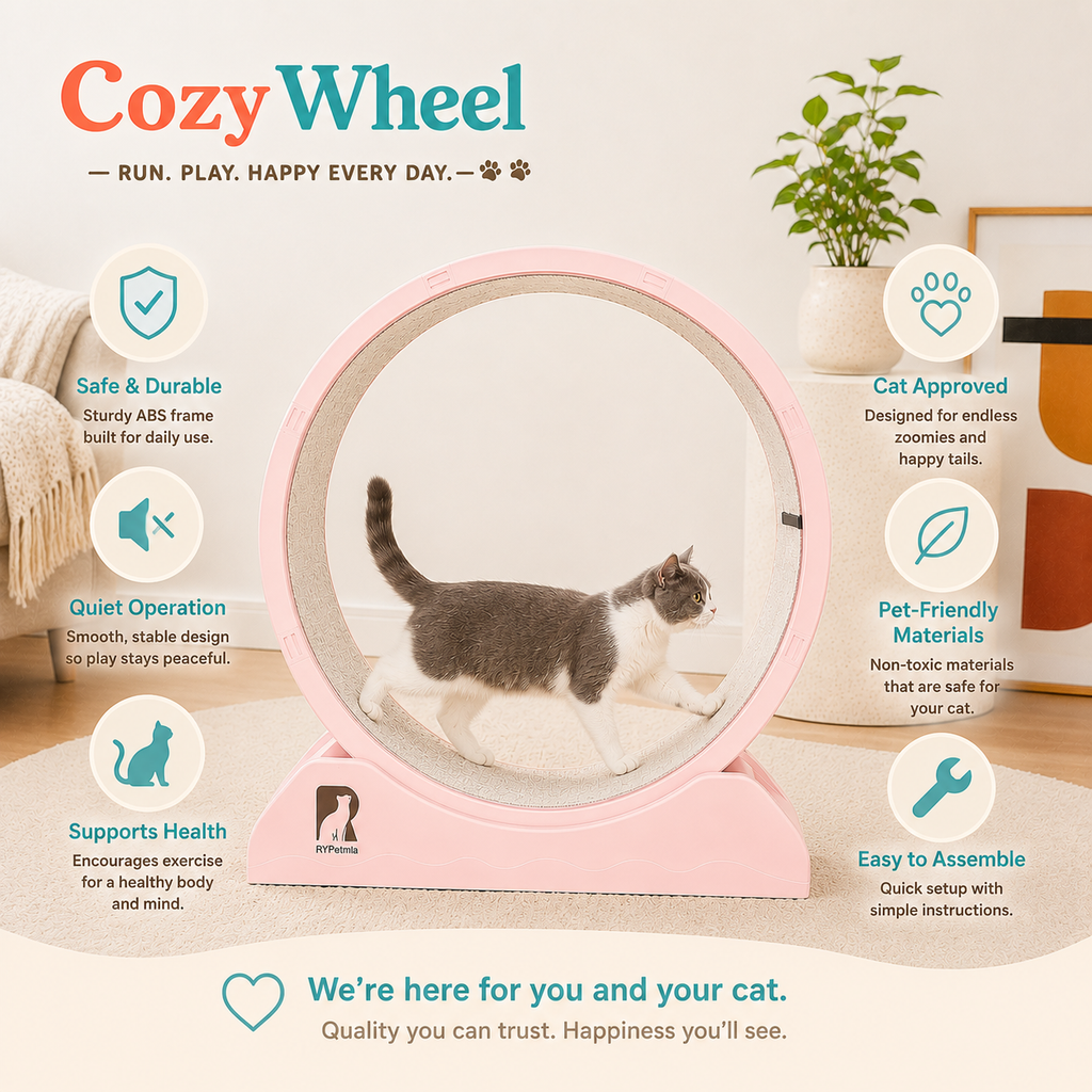 Pink Cozy Wheel cat exercise wheel with a gray and white cat walking inside, shown in a styled home setting with text callouts about safety, quiet operation, pet-friendly materials, and ease of assembly.