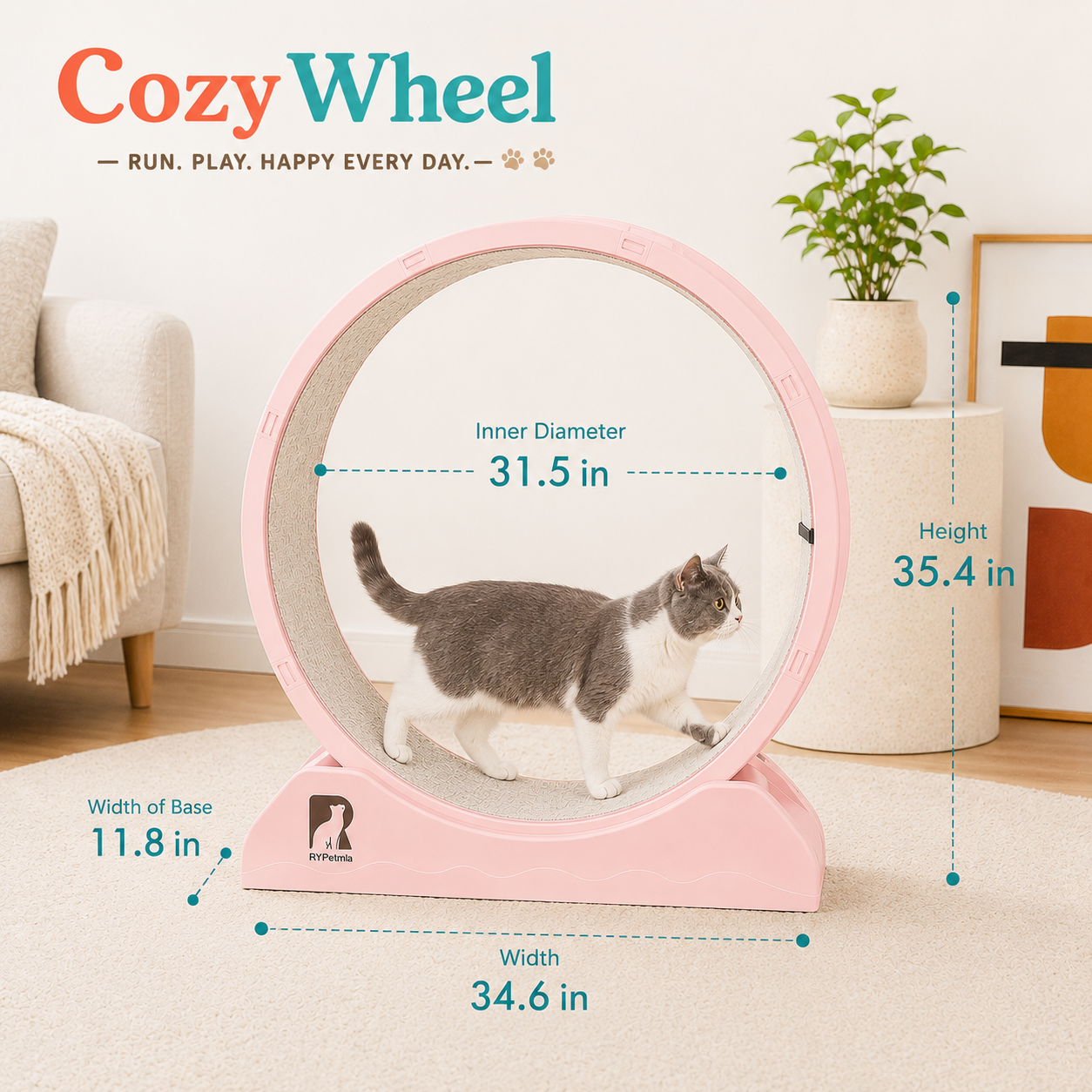 Pink Cozy Wheel cat exercise wheel with a gray and white cat inside, shown in a living room setting with overlaid dimension labels for inner diameter, height, base width, and overall width.