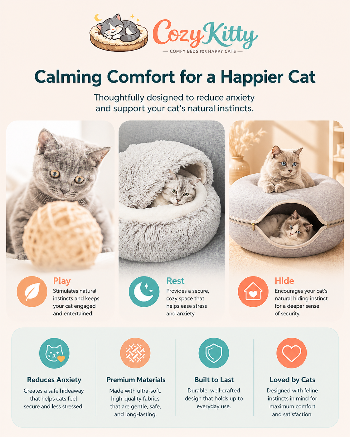 Advertisement for Cozy Kitty cat beds with text and images of cats using the product.