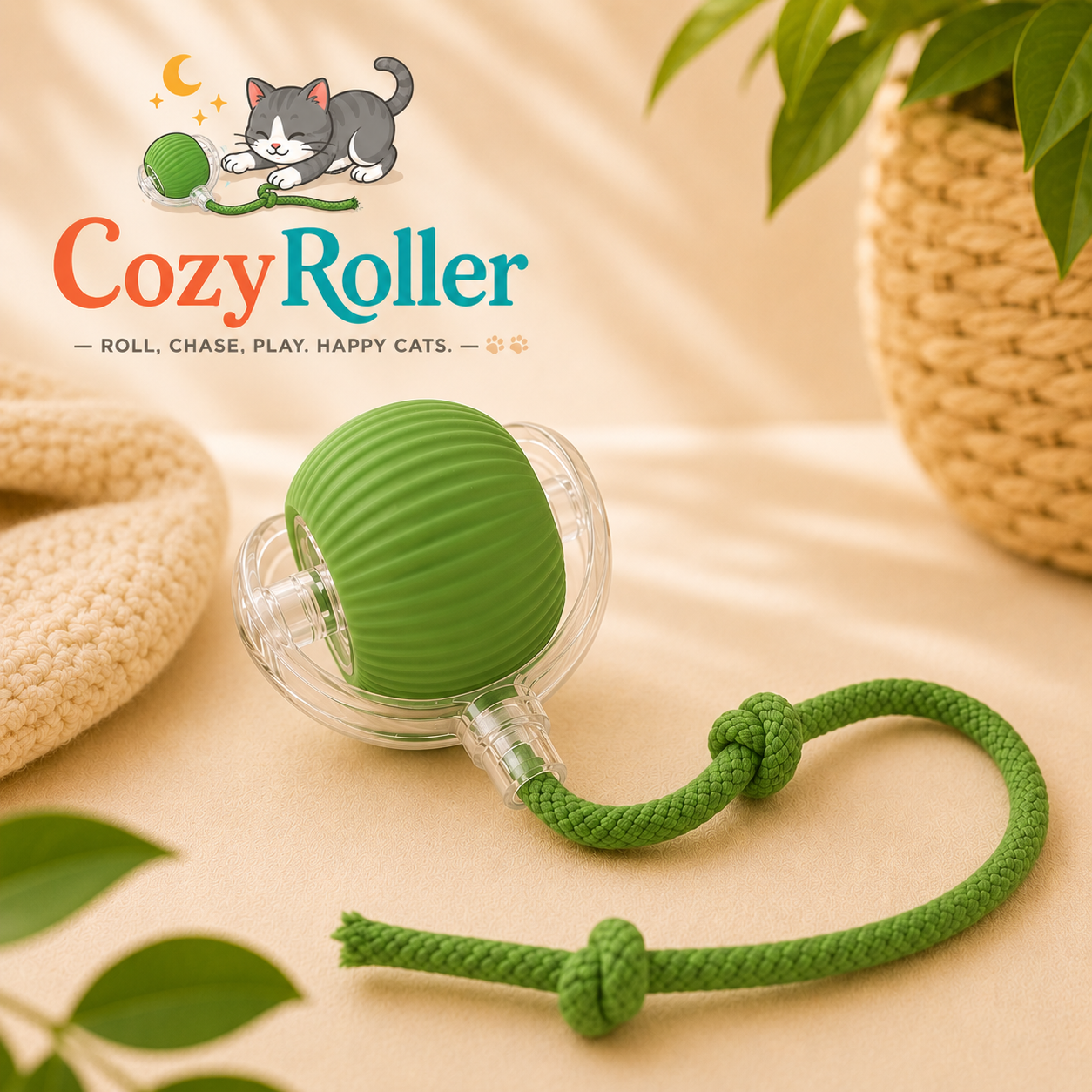 A Cozy Roller toy for cats, featuring a ribbed green silicone ball inside a clear plastic housing with a green braided rope tail, styled on a beige fabric background with a cat illustration and the brand logo.