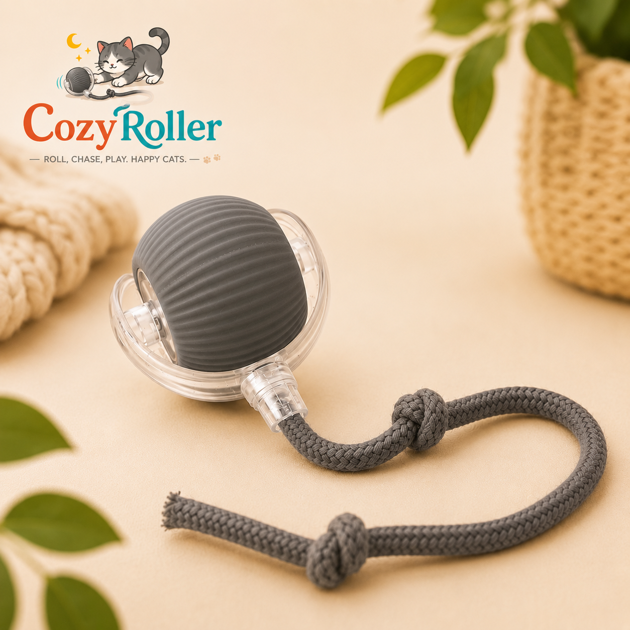 A Cozy Roller cat toy featuring a ribbed dark gray ball on a clear plastic base with a gray braided rope tail, styled on a beige surface with decorative props and the Cozy Roller brand logo in the top left.
