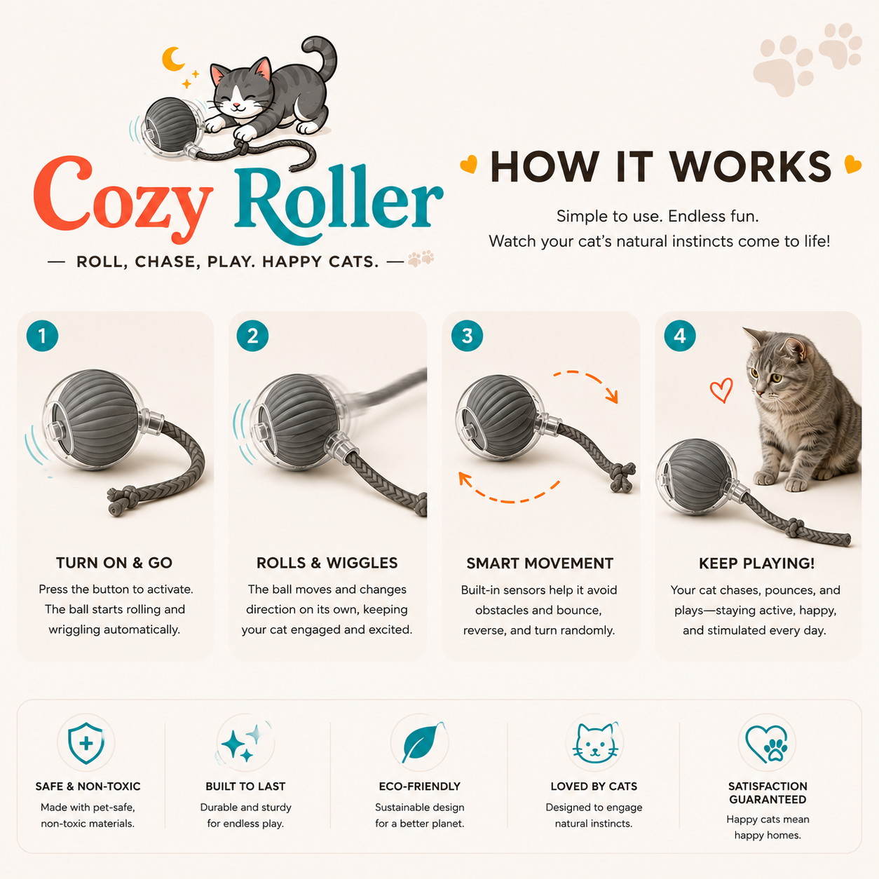 Promotional graphic for the Cozy Roller cat toy, showing the product, step-by-step usage instructions, a real cat playing with it, and feature icons on a light beige background.