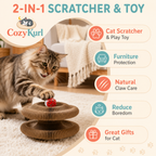 Cat using a Cozy Kurl 2-in-1 scratcher and toy with features listed.