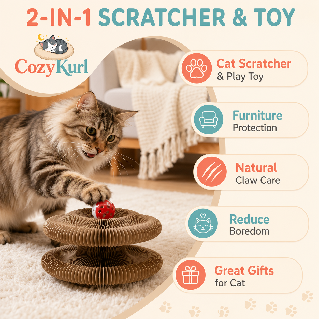 Cat using a Cozy Kurl 2-in-1 scratcher and toy with features listed.