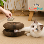 Cat playing with a Cozy Kurl product on a beige carpet, with 'Cozy Kurl' branding visible.
