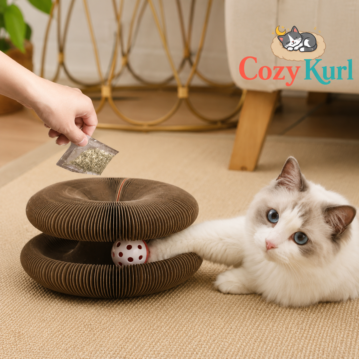 Cat playing with a Cozy Kurl product on a beige carpet, with 'Cozy Kurl' branding visible.