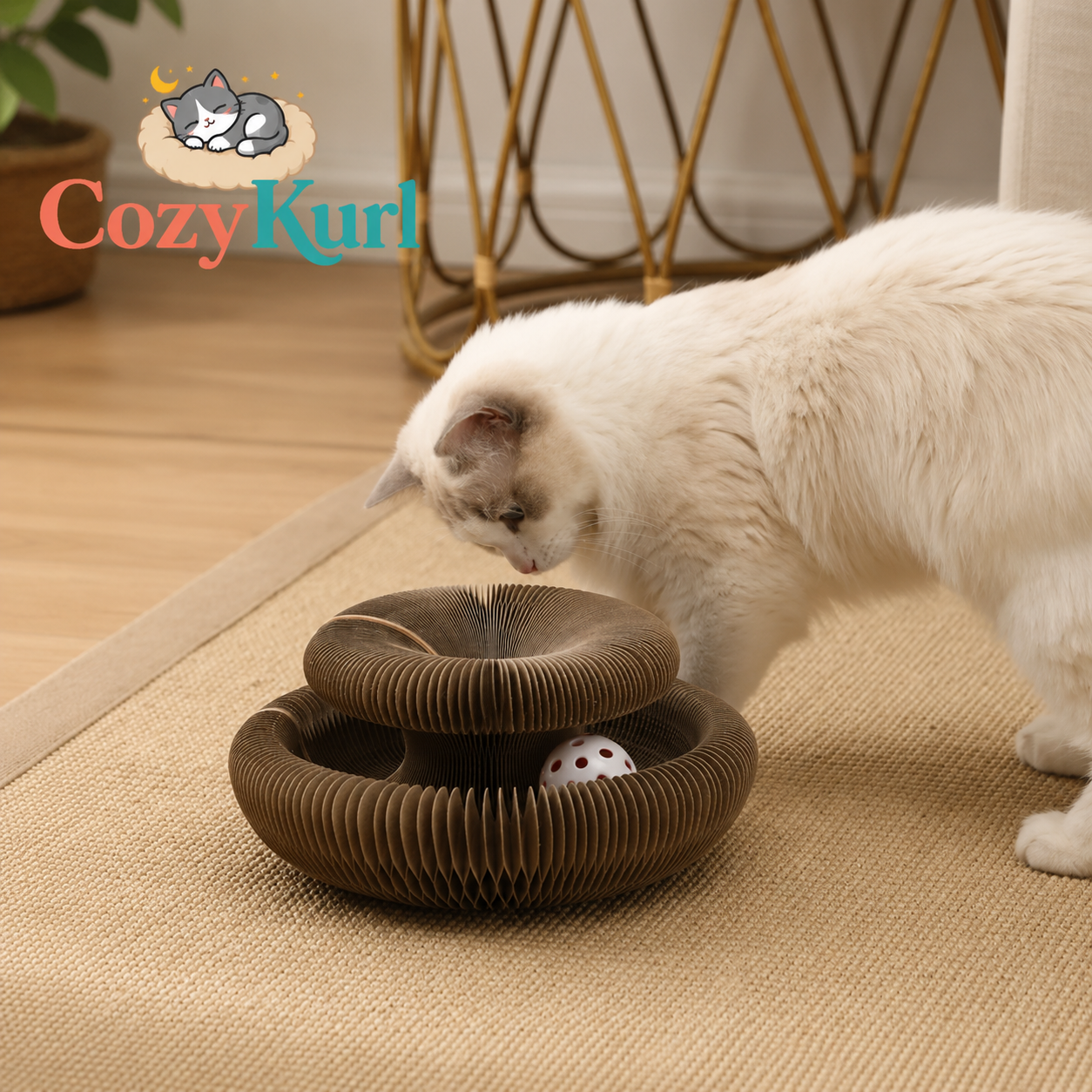 Cat playing with a cardboard cat toy on a carpeted floor, with 'CozyKurl' branding.