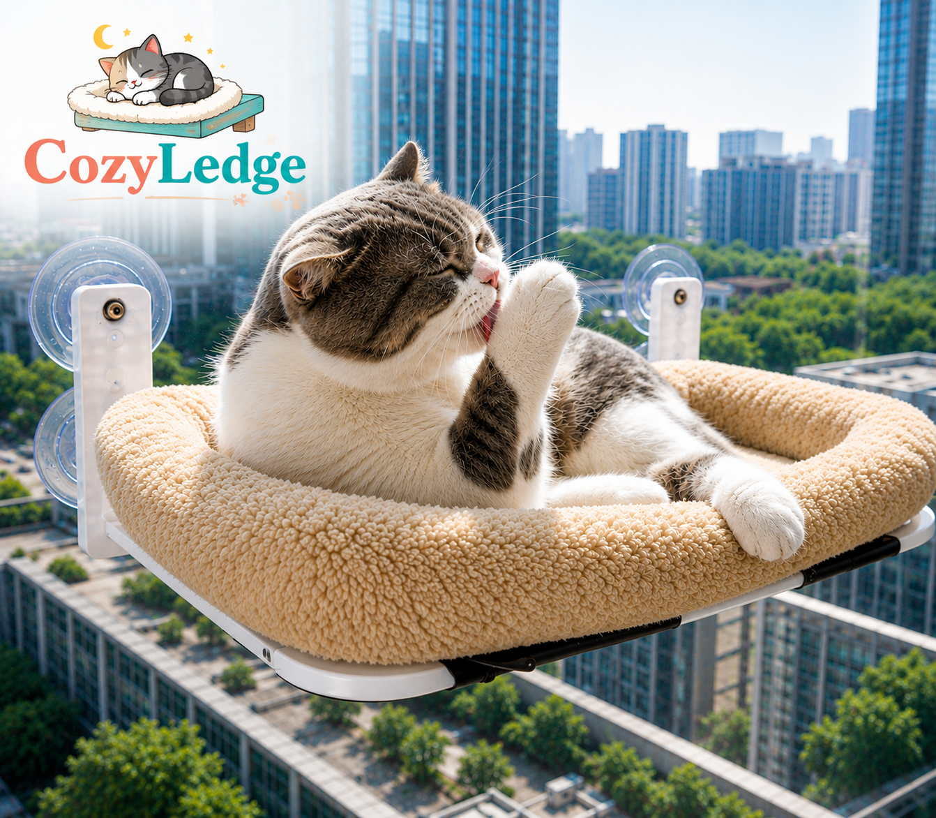 Cat lounging on a CozyLedge pet bed with a cityscape background