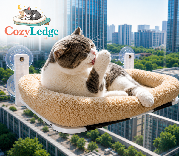 Cat lounging on a CozyLedge pet bed with a cityscape background