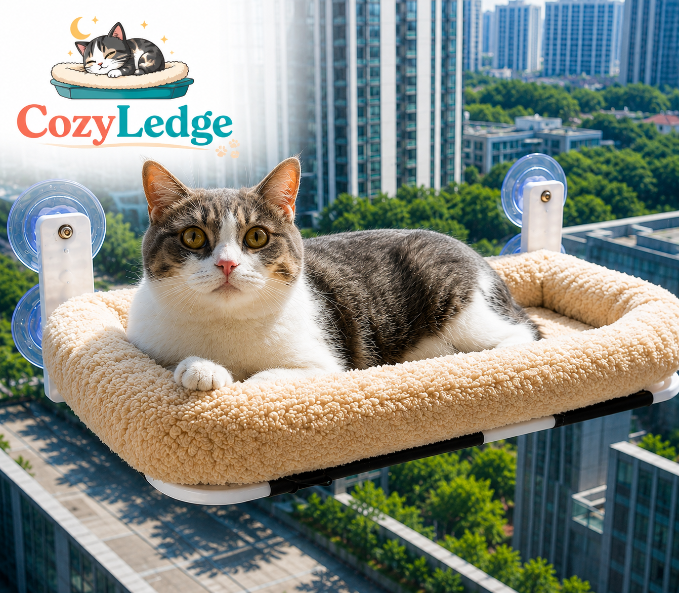 Cat lounging on a CozyLedge pet bed with a cityscape background