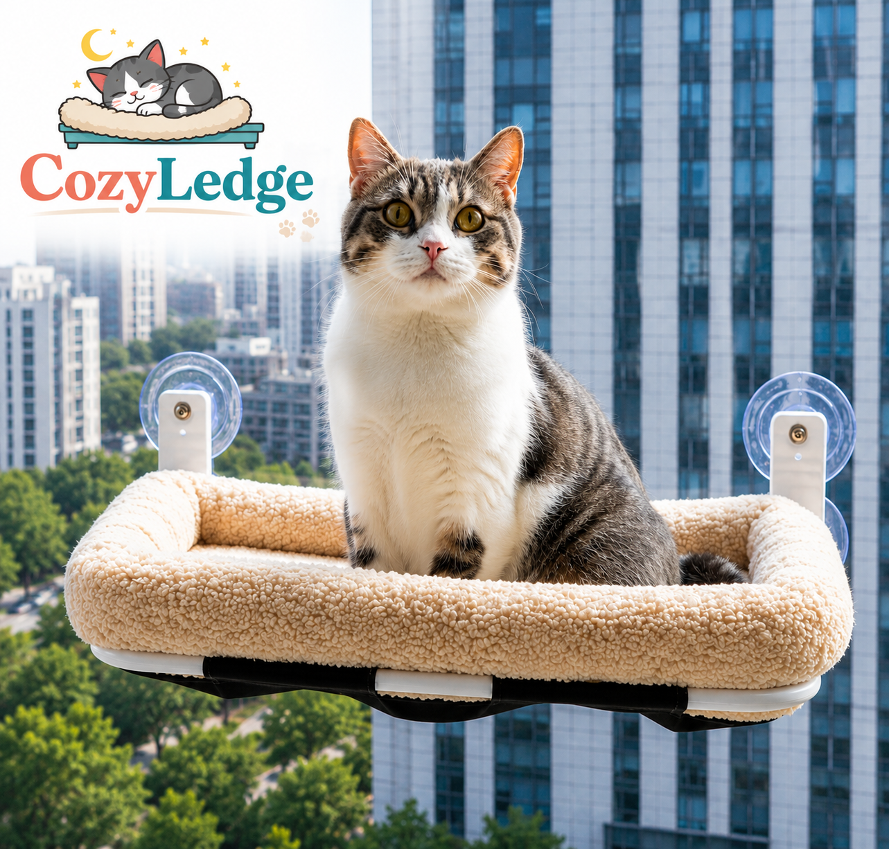 Cat sitting on a Cozy Ledge product with a cityscape background
