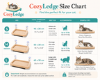 Cozy Ledge size chart for cat perches with dimensions and examples of cats on each size.