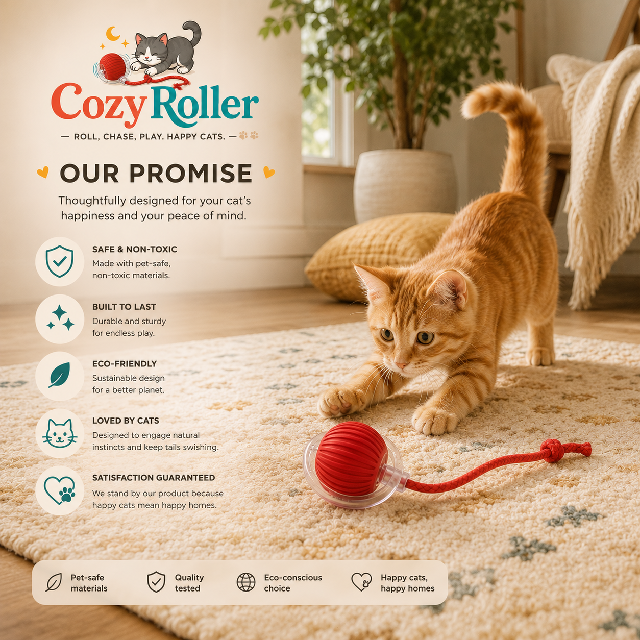An orange tabby cat plays with a red ball and red string toy on a beige rug in a cozy living room. The left side features the Cozy Roller brand logo and marketing text about the product's benefits, including safe non-toxic materials, durability, eco-friendliness, and cat love.