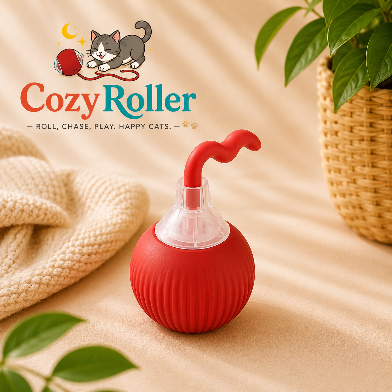 A red spherical cat toy with a wavy red tail-like arm and a clear top, placed on a beige fabric surface with a knit blanket, potted plant, and the Cozy Roller brand logo visible in the upper left.