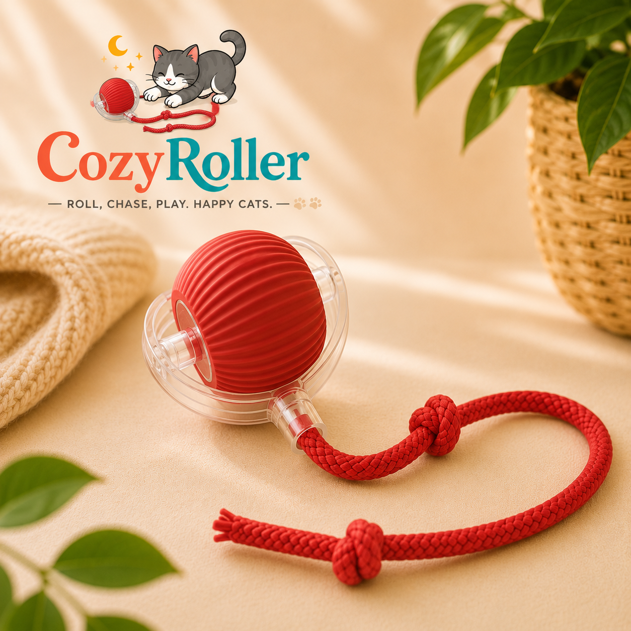 A red and clear Cozy Roller toy for cats, featuring a ribbed red ball on a clear plastic base with a red braided rope tail and knots, styled on a beige fabric background with a plant and a rope prop.