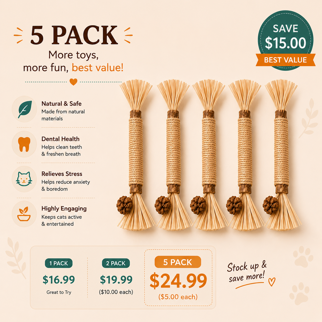 A 5-pack of natural sisal rope cat toys with pinecone accents, displayed on a warm beige background with promotional text, pricing, and benefits.