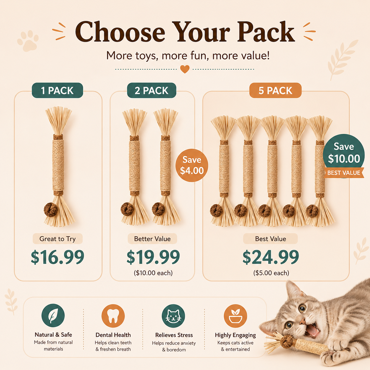 Promotional graphic for a cat toy pack with three sections showing 1 pack, 2 pack, and 5 pack options. The graphic features three natural fiber cat toys with wooden balls on a beige background with text detailing benefits and prices.