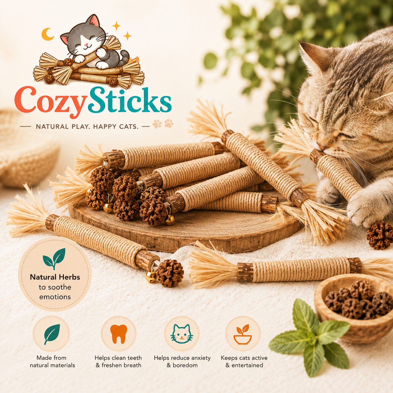 CozySticks cat toys displayed on a wooden board with a real cat gnawing on one of the straw-tufted toys. The image includes the CozySticks brand logo, product features icons, and decorative natural elements like herbs and a bowl of kibble.
