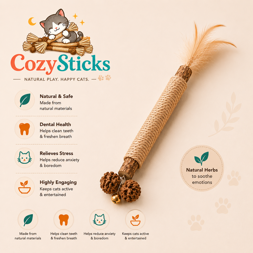 A CozySticks cat toy shown on a warm beige background with product text callouts, including natural herbs, dental health, stress relief, and highly engaging play. The toy features a natural jute-wrapped handle, feather tassel, and two small herbal balls with a tiny bell.