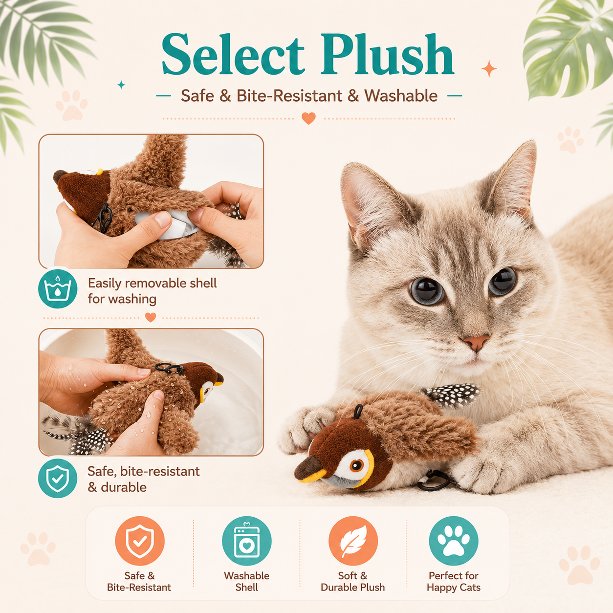 A beige cat lies on a cream background holding a brown plush toy with a bird-like face. The image includes marketing text reading 'Select Plush' and feature callouts about a removable washable shell, plus two inset photos demonstrating the product.