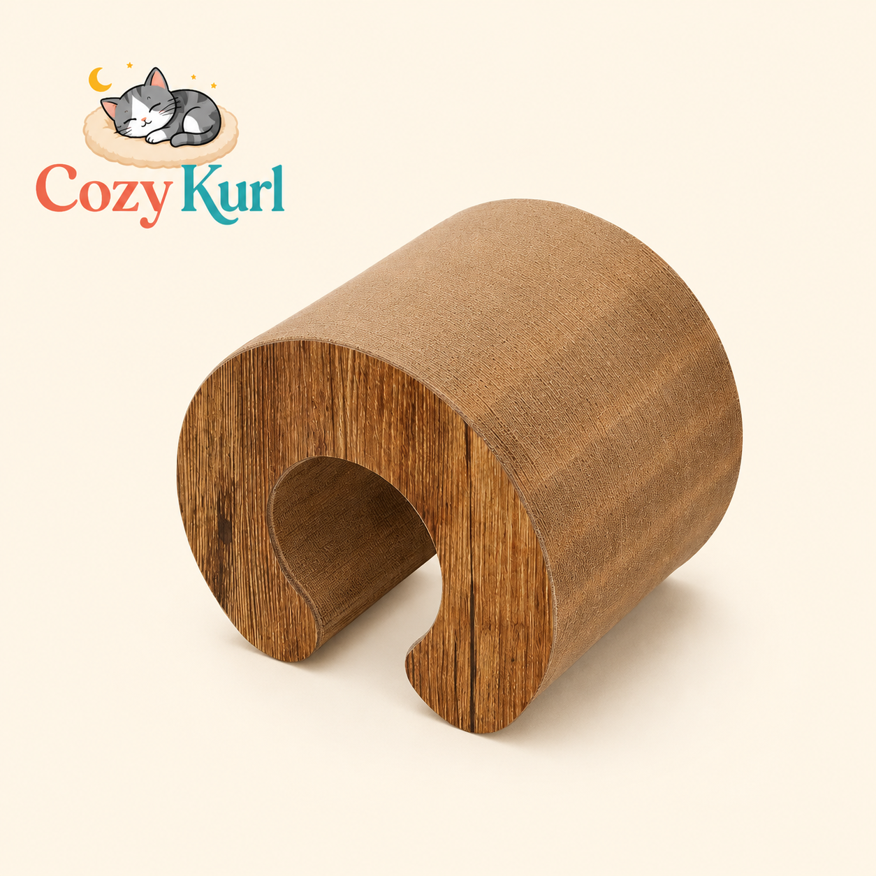Wooden pet bed with 'Cozy Kurl' branding on a beige background